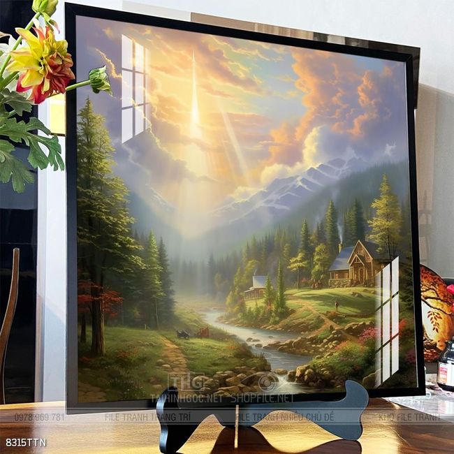 Tranh phon thủy sông, núi và mặt trời