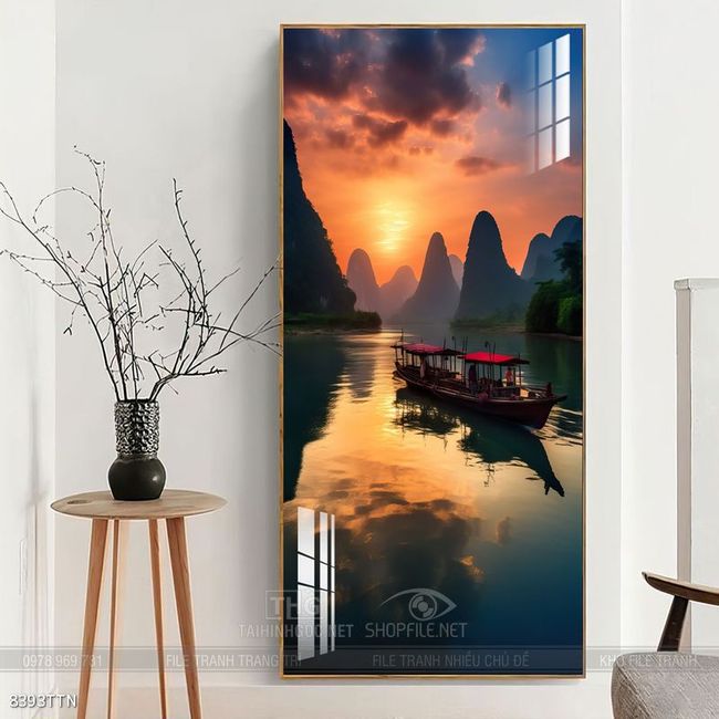 Tranh phon thủy sông, núi và mặt trời