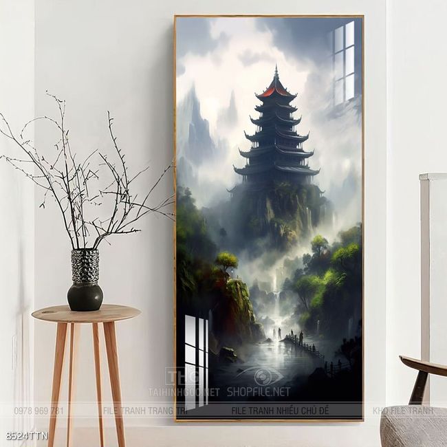 Tranh phon thủy sông, núi và mặt trời