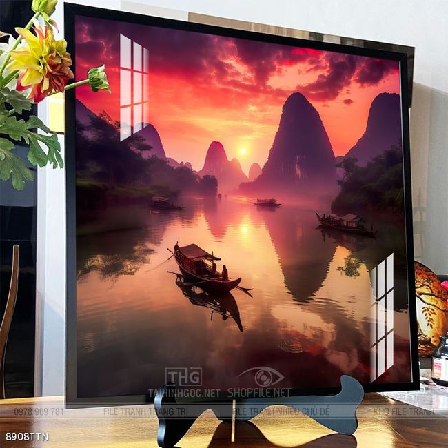 Tranh phon thủy sông, núi và mặt trời