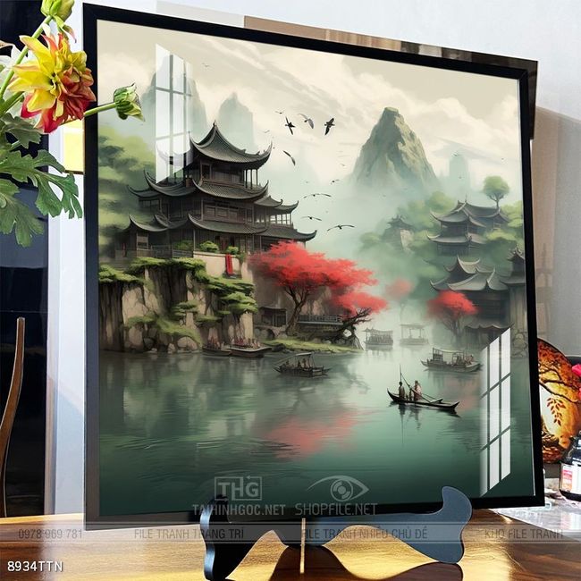 Tranh phon thủy sông, núi và mặt trời