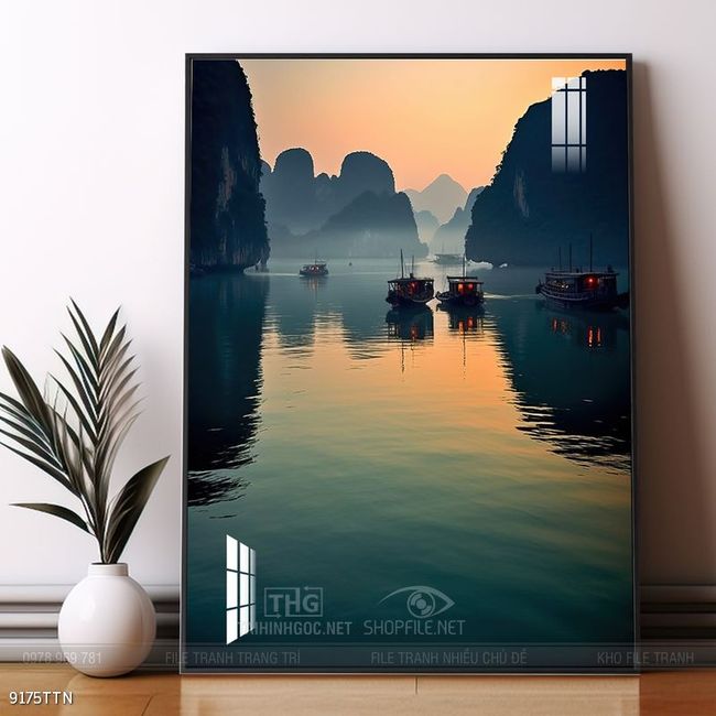 Tranh phon thủy sông, núi và mặt trời