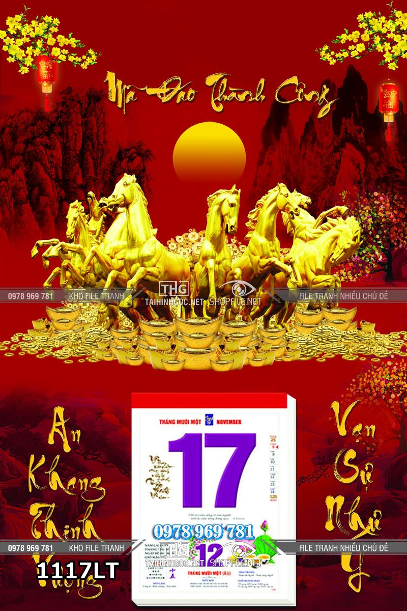File psd tách lớp lịch tết ngựa vàng bát mã mã đáo thành công 1117LT