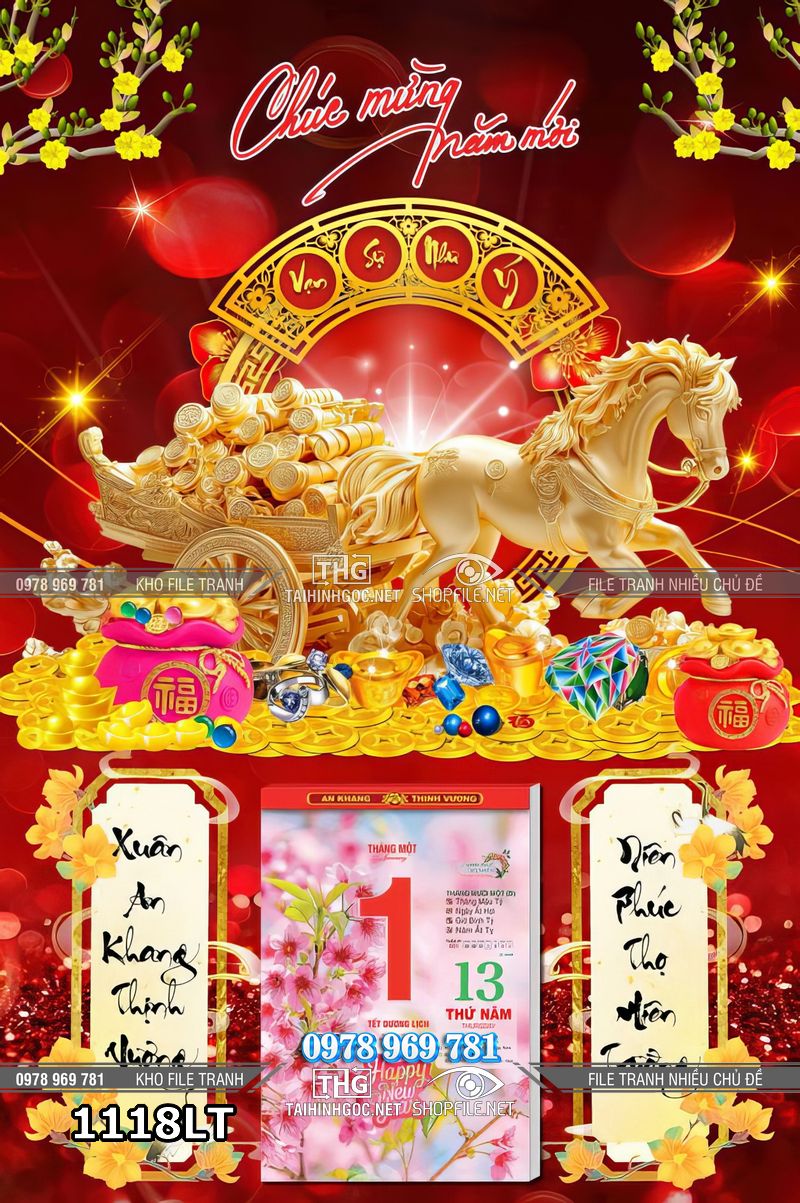 File lịch tết ngựa vàng kéo xe vàng bạc tài lộc 1118LT