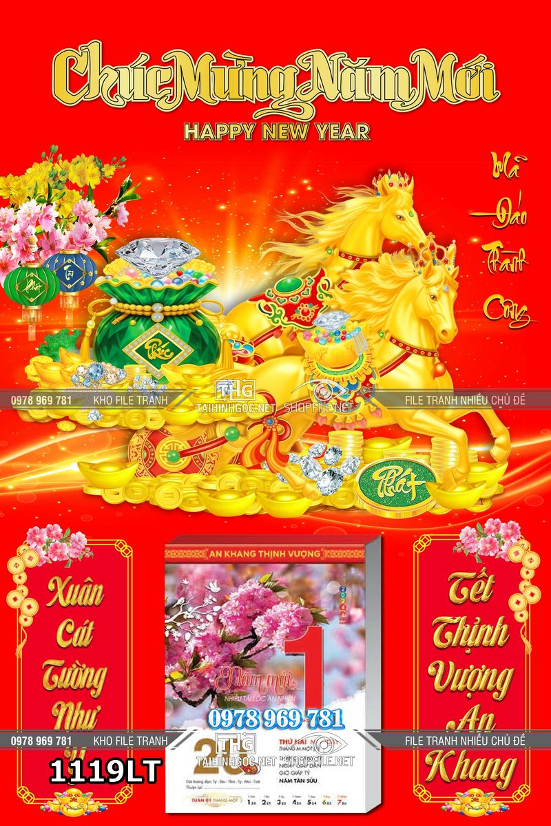 File tranh lịch tết con ngựa vàng kéo xe tiền vàng 1119LT