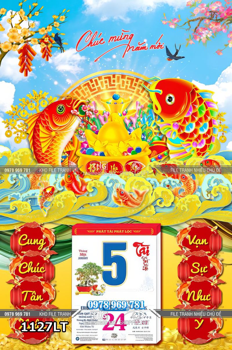 File lịch tết kim tiền trang sức tiệm vàng cá chép tài lộc 1127LT