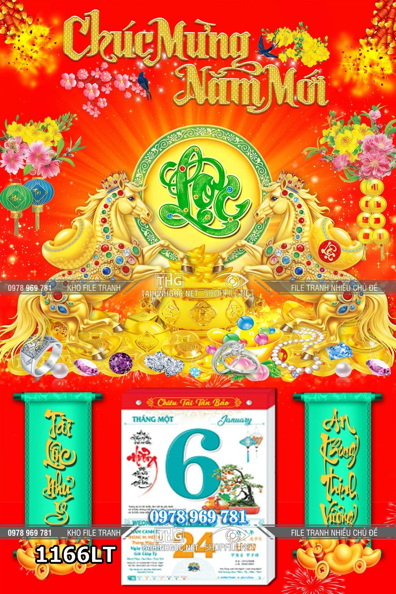 File tranh lịch tết 2 con ngựa chúc mừng năm mới 1166LT