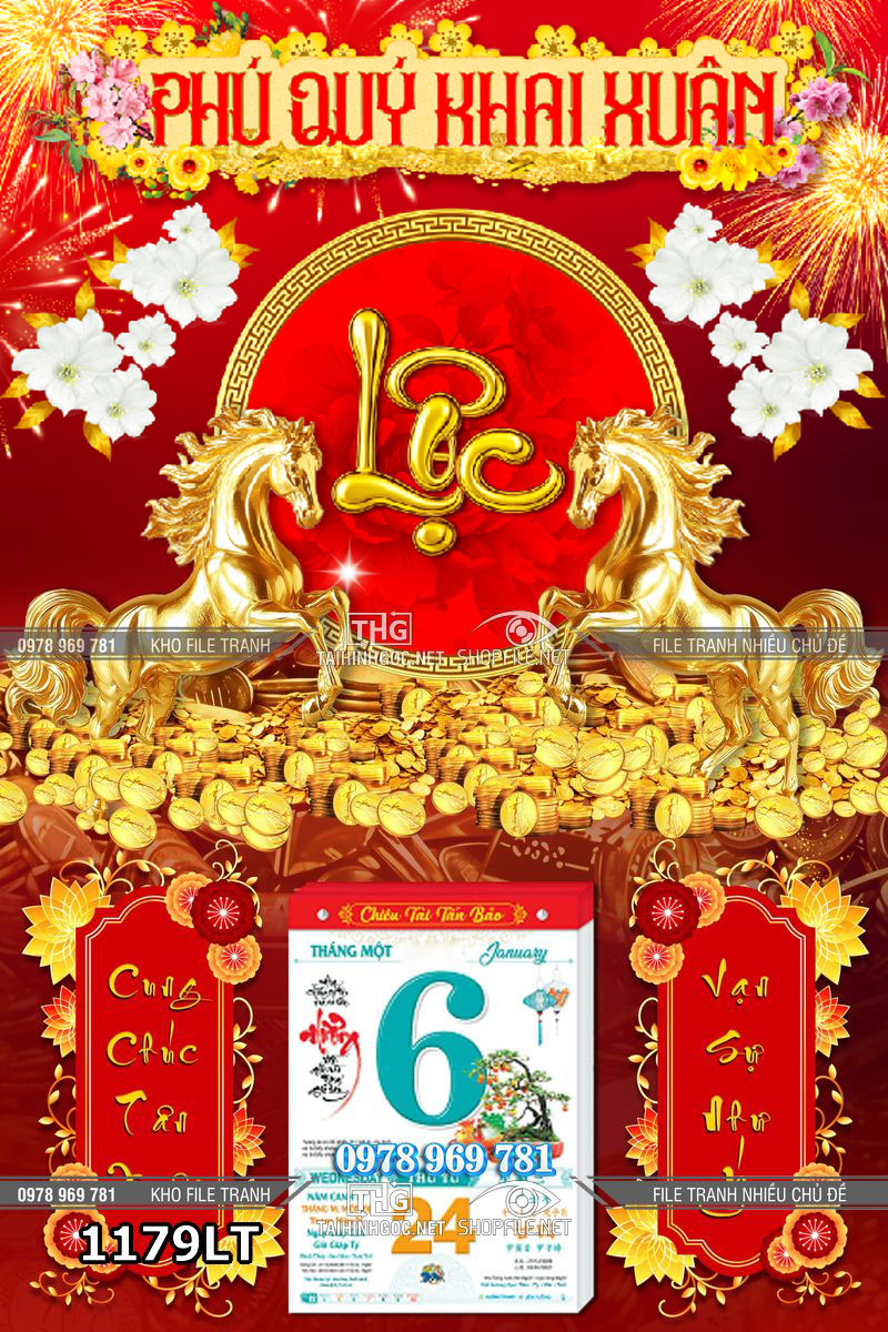 File lịch tết 2 con ngựa vàng phú quý khai xuân 1179LT