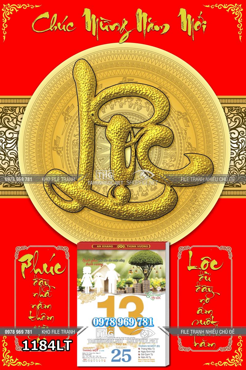 File lịch tết chữ lộc thư pháp chúc mừng năm mới 1184LT