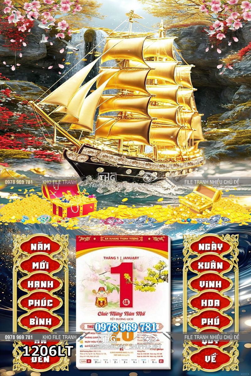 File lịch tết thuận buồm xuôi gió thuyền vàng đón lộc 1206LT