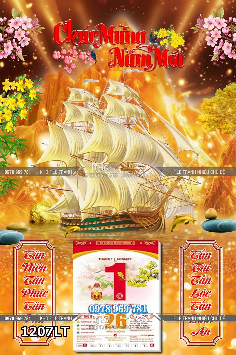 File psd tranh lịch tết thuận buồm xuôi gió thuyền vàng 1207LT