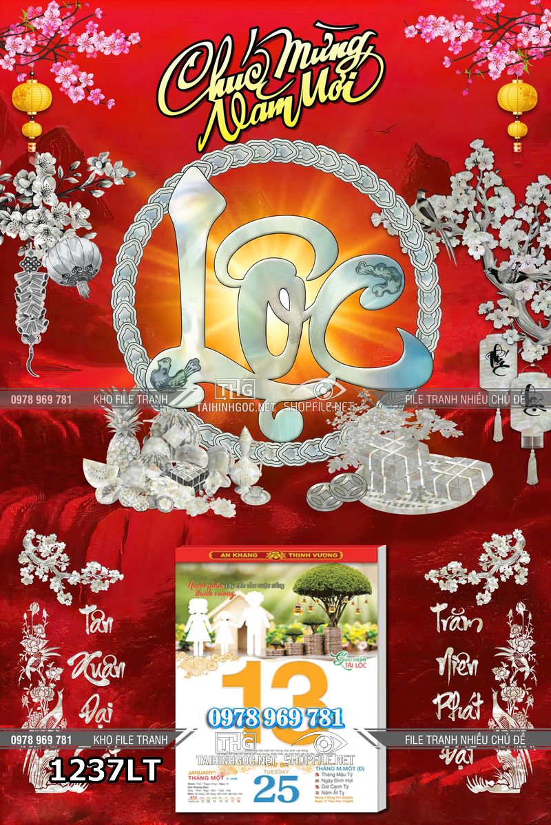 File lịch tết xà cừ khảm trai chữ lộc tân niên tài lộc 1237LT