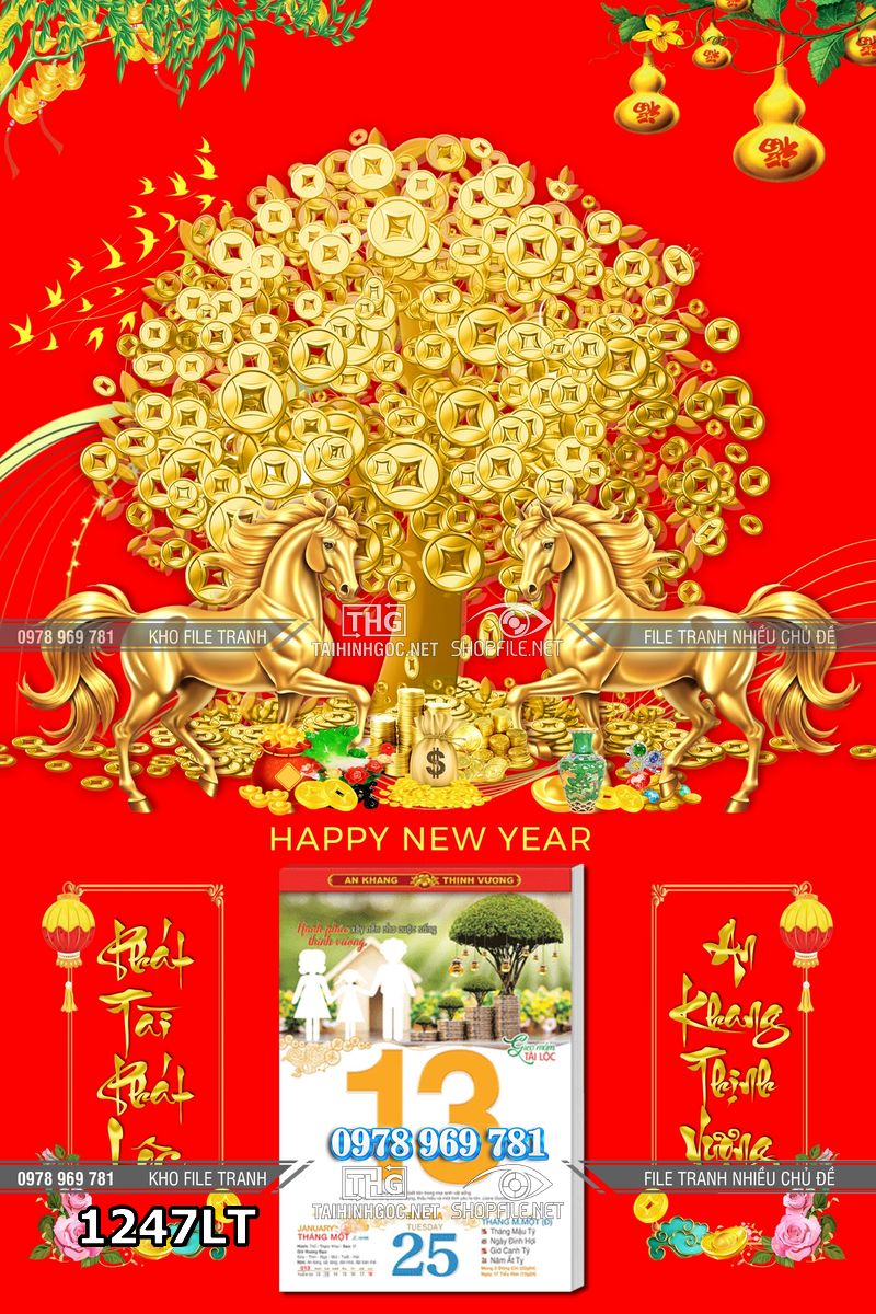 File lịch tết ngựa vàng cây kim tiền tài lộc 1247LT
