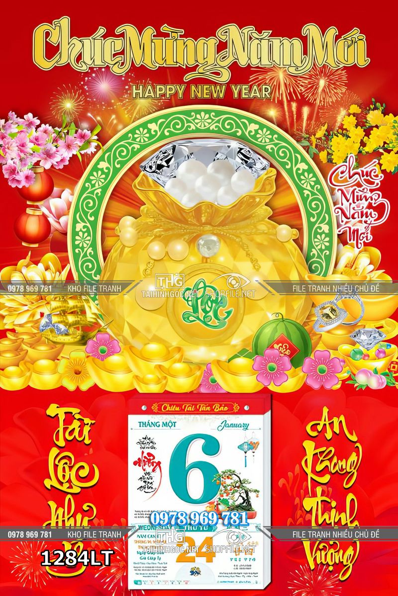 File psd lịch Tết túi vàng bạc đá quý 1284LT