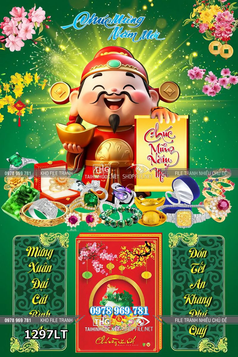 File psd lịch Tết thần tài cầm vàng kim cương đá quý 1297LT
