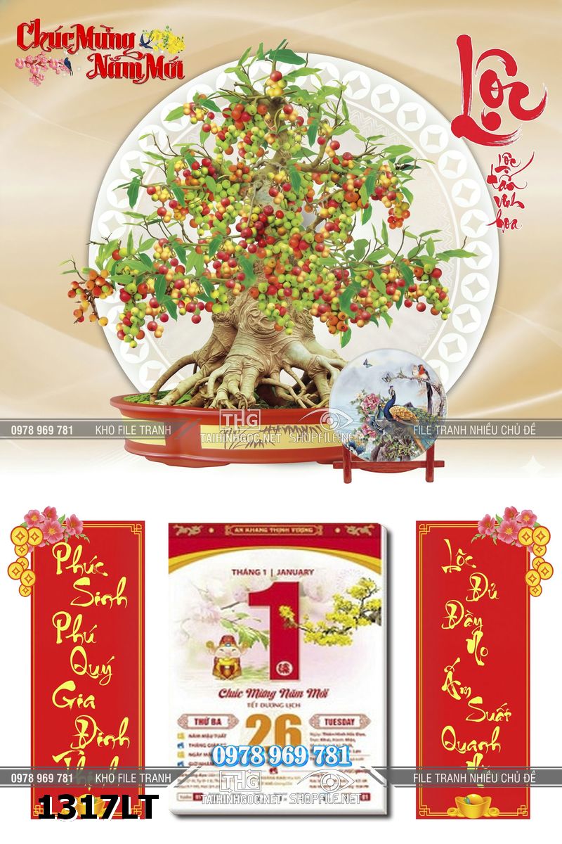 File lịch tết bonsai cây mai đào quất ngày tết 1317LT