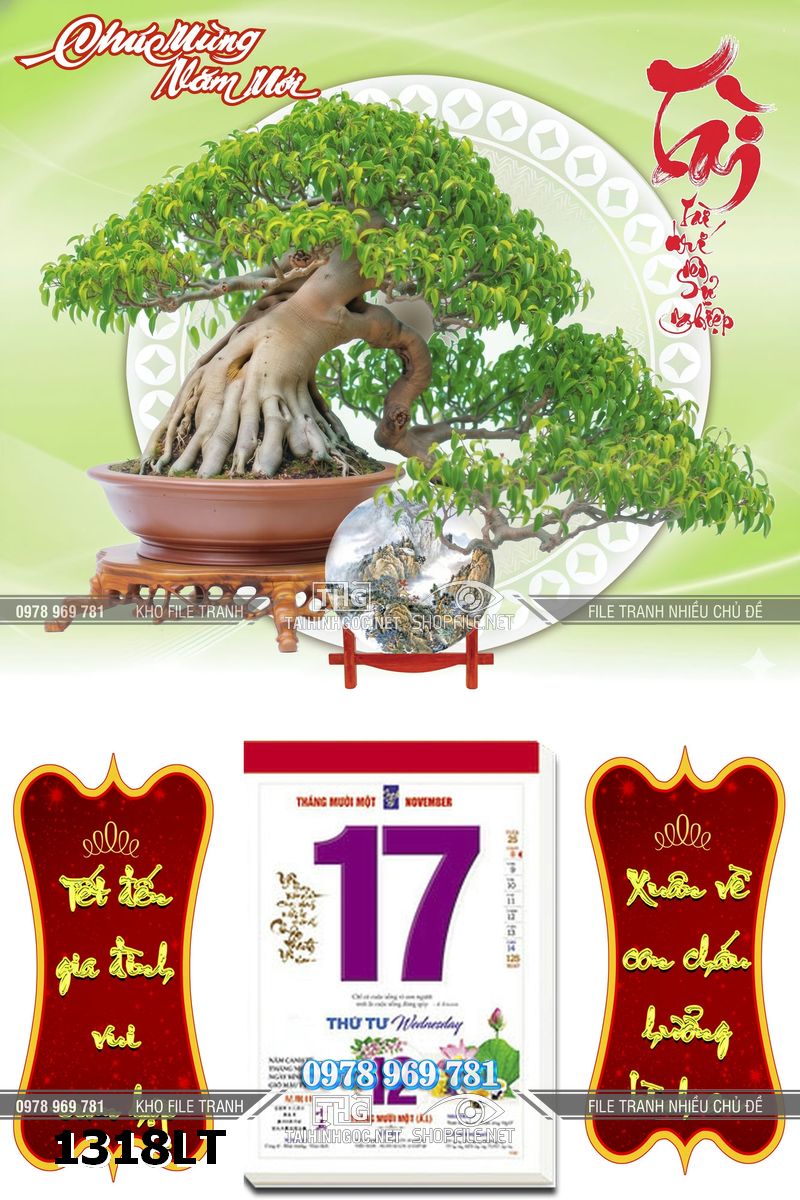 File lịch tết gỗ bonsai chậu mai đào tết nguyên đán 1318LT