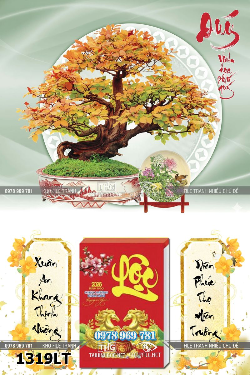 File khung tranh lịch tết gỗ bonsai mai đào tài lộc 1319LT