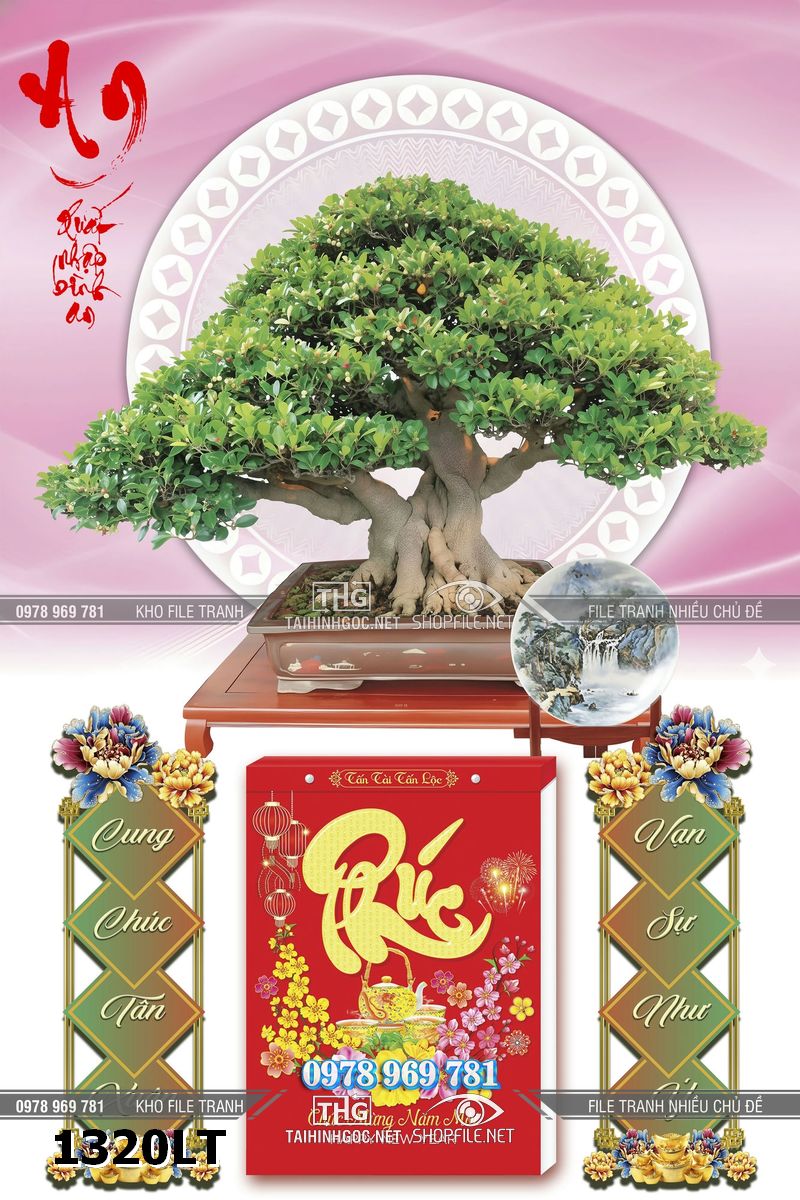 File tranh lịch tết chậu bonsai đặc trưng ngày tết cổ truyền 1320LT