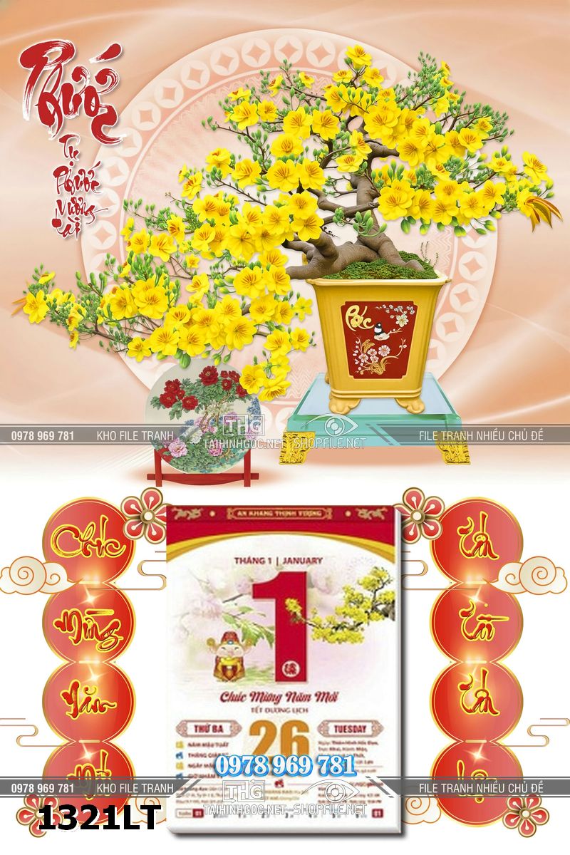 File lịch tết gỗ chậu bonsai mai rực rỡ ngày tết 1321LT