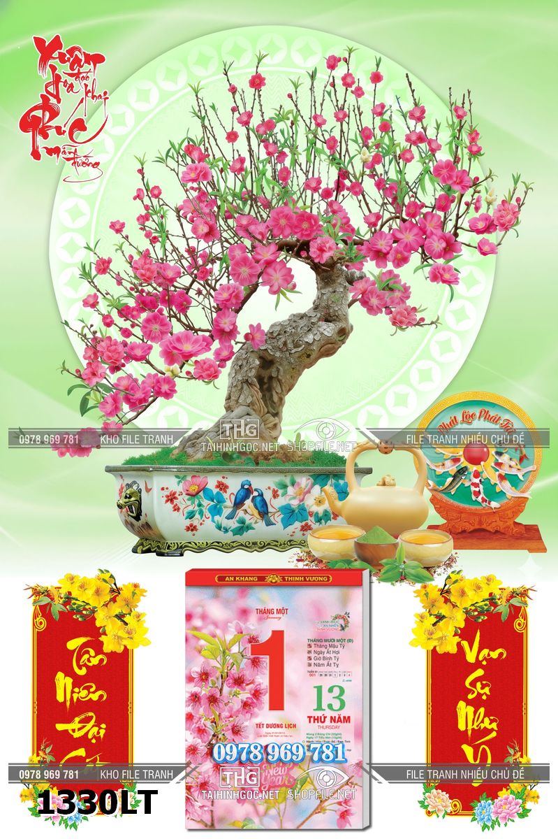 File tranh lịch tết bonsai đào hồng ngày tết rực rỡ 1330LT