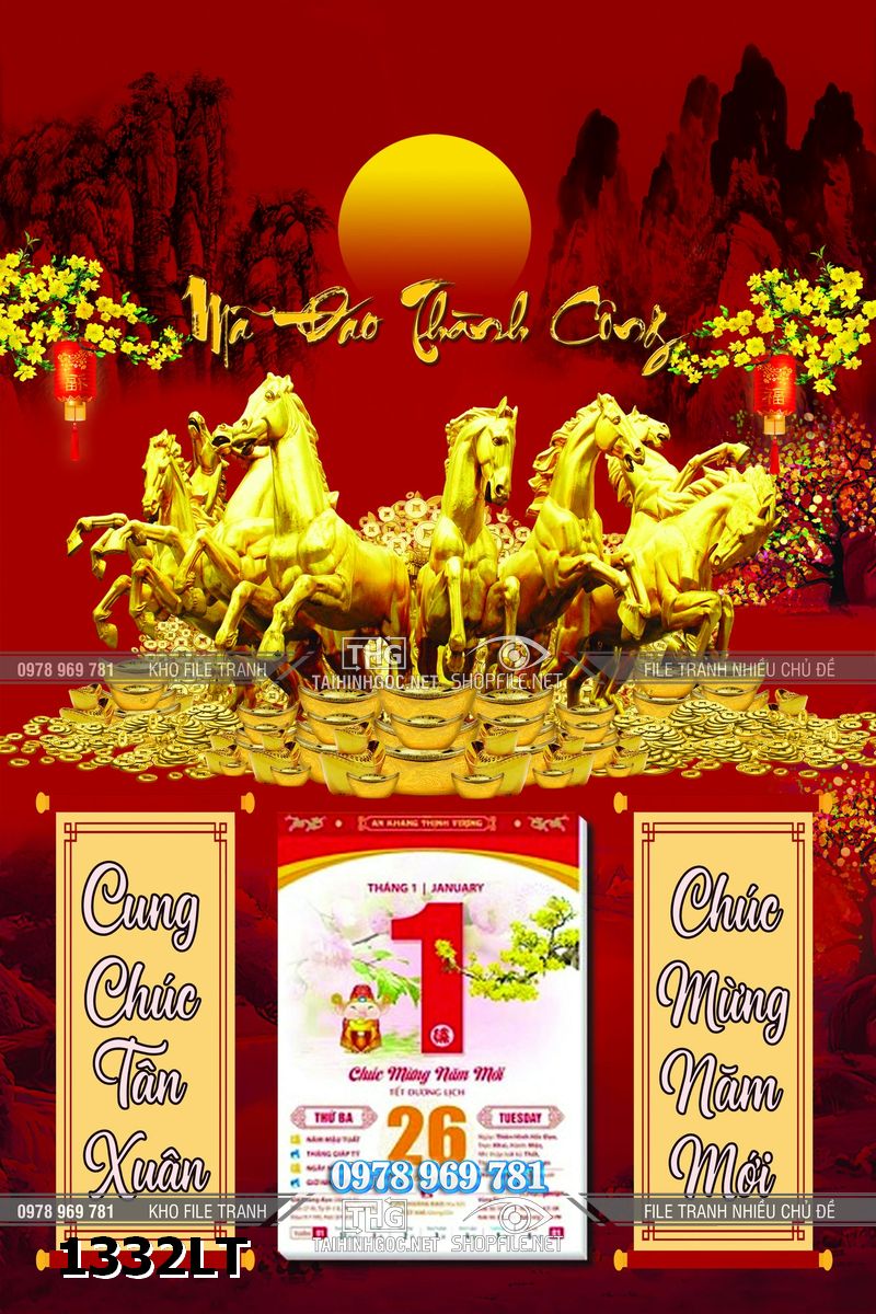 File lịch tết mã đáo thành công lịch ngựa bát mã phong thủy 1332LT