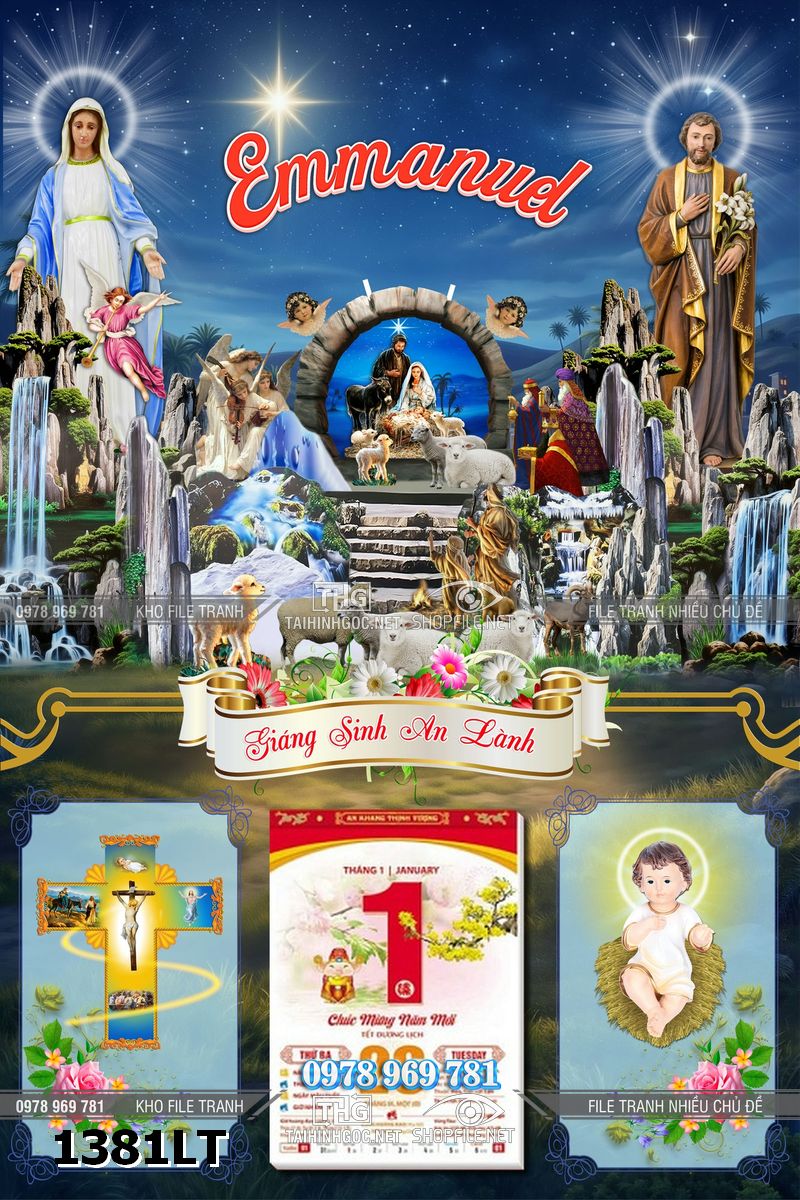 File psd lịch tết công giáo hang đá máng cỏ giáng sinh noel noen chúa giêsu 1381LT