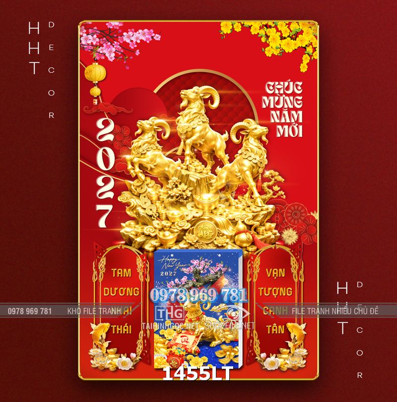 File lịch Tết tam dương 3 con dê vàng gold đinh mùi 1455LT