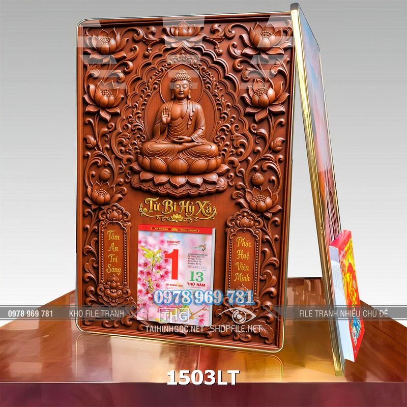 File lịch phật chất liệu gỗ nổi khối psd 1503LT
