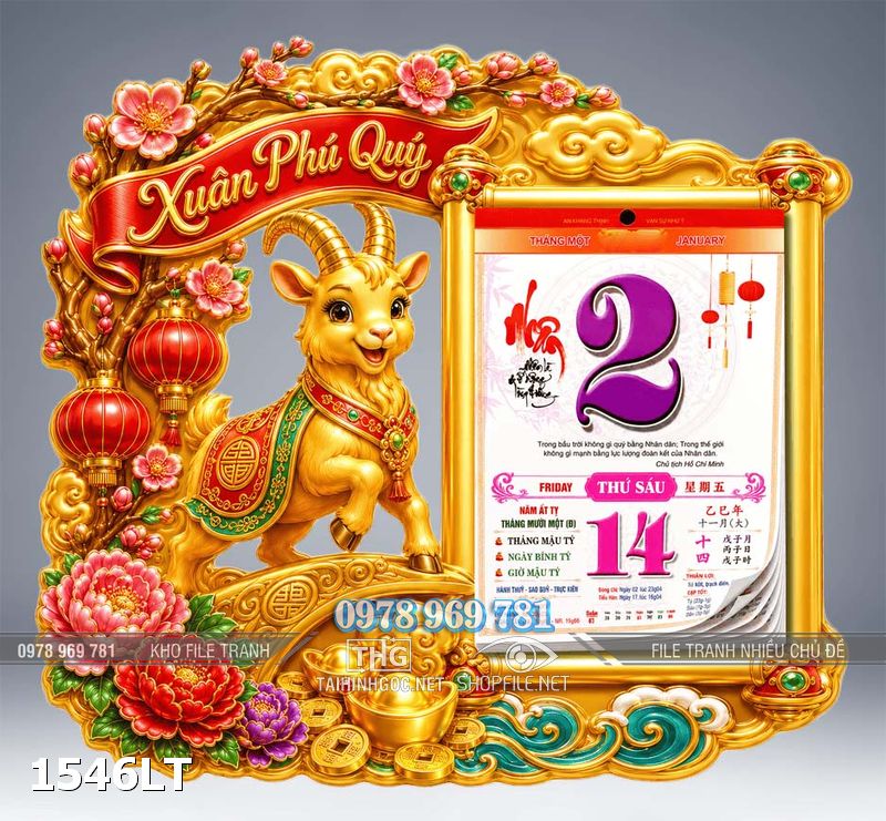 File tư liệu lịch Tết con dê vàng đinh mùi 2027 năm mới in bế cnc 1546LT
