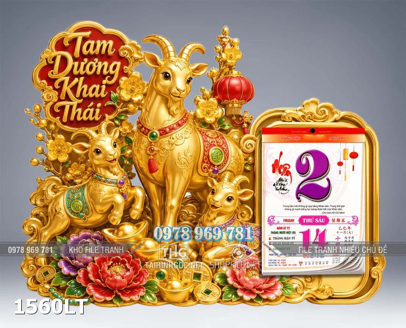 File lịch tam dê khai thái con dê vàng đinh mùi 2027 năm mới in bế cnc 1560LT