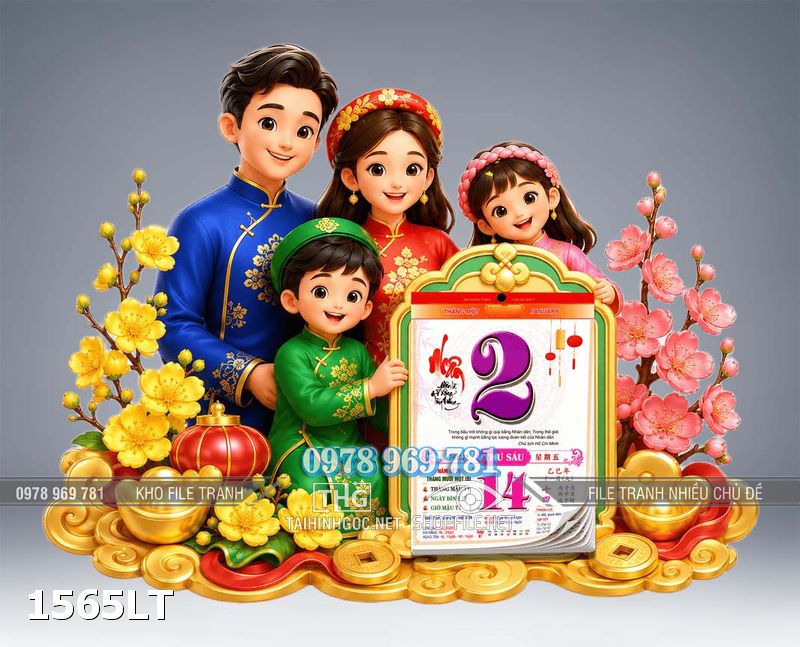 File lịch Tết gia đình vui xuân năm mới in bế cnc 1565LT