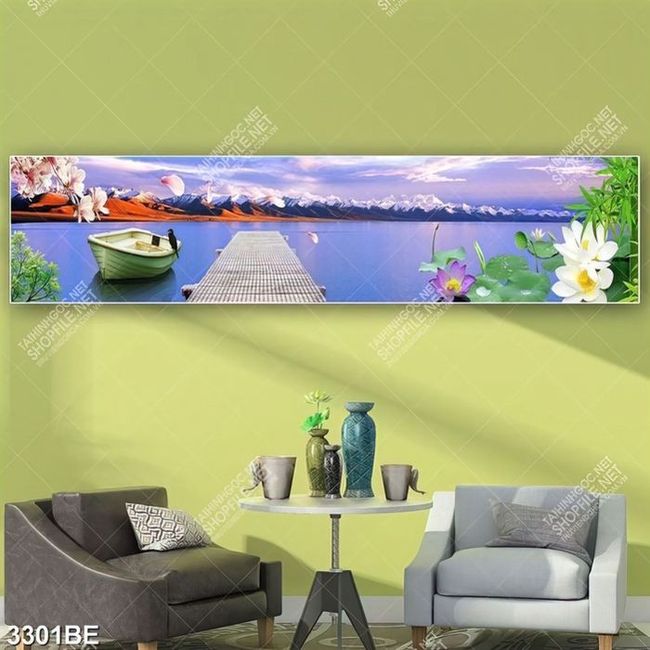 Tranh treo tường bếp hoa sen và hồ nước đẹp