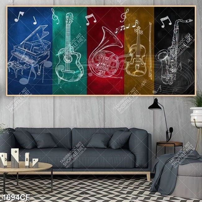 Tranh các loại nhạc cụ âm nhạc trên tường quán cafe