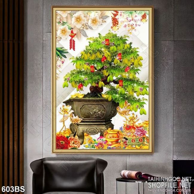 Tranh chậu bonsai in lụa cây khế bên cá chép vàng dán tường