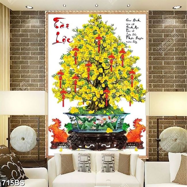 Tranh chậu bonsai dán tường cây mai vàng và chữ tài lộc
