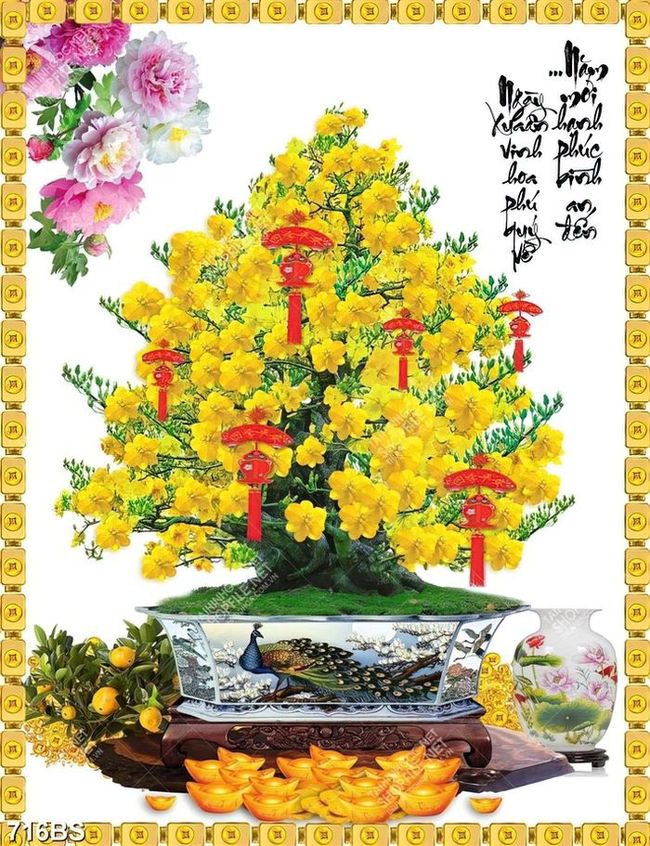 Tranh chậu bonsai in uv cây mai vàng bên cành quất sai quả