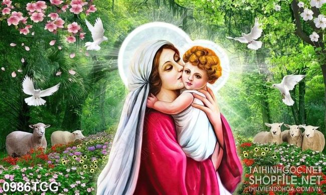 Tranh công giáo mẹ Maria hôn hài nhi bé nhỏ bên đàn cừu
