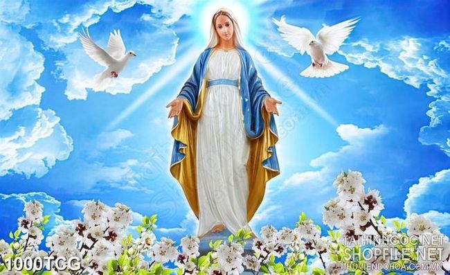 Tranh Công Giáo Đức Mẹ Maria Cầu Nguyện Bên Rừng Anh Đào