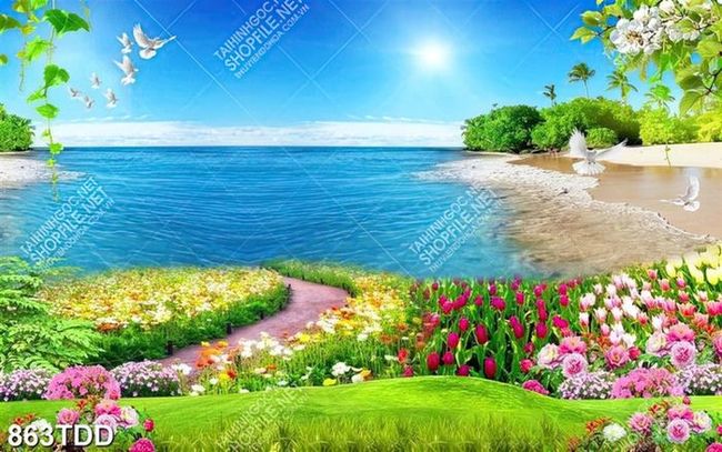 Tranh psd vườn hoa và biển trang trí đẹp