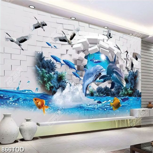 Tranh 3d cá heo trang trí tường nghệ thuật