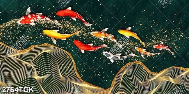 Tranh dáp vàng đàn cá koi xinh đẹp trong làn nước in 3d