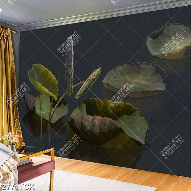 Tranhchiếc lá sen màu vàng úa trên mặt nước trang trí tường