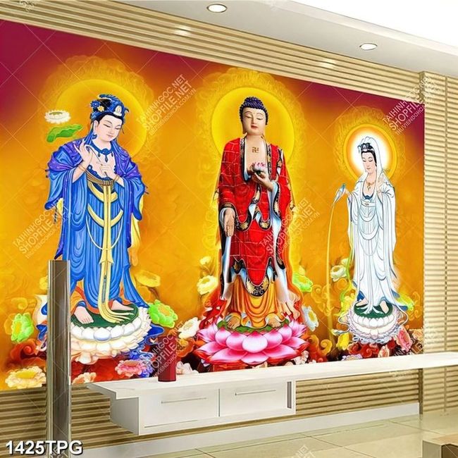 Tượng phật Tây Phương Tam Thánh bằng bột đá sơn viền hoa cao 48  65  90 cm