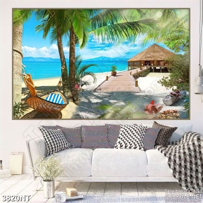 Tranh ngồi nhà xinh trên bãi biển in uv