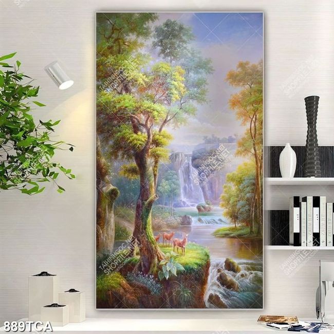 Tranh trang trí tường sơn dầu phong cảnh thác nước trong khu rừng