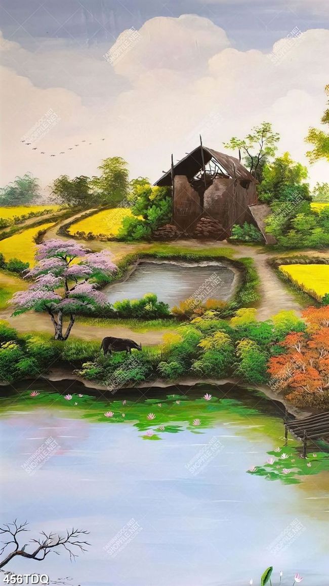 Tranh sơn dầu phong cảnh làng quê xưa khổ dọc đẹp nhất