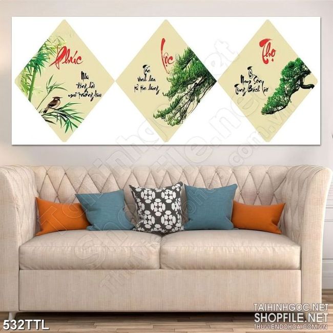 Tranh thư pháp  phúc lộc thọ bên cây bonsai wall 3d