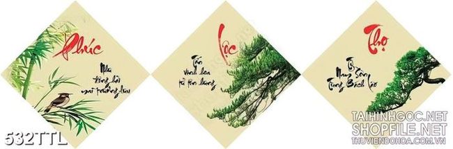 Tranh thư pháp  phúc lộc thọ bên cây bonsai wall 3d