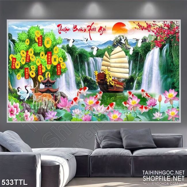 Tranh decor con tàu căng buồm ra khơi bên hồ sen